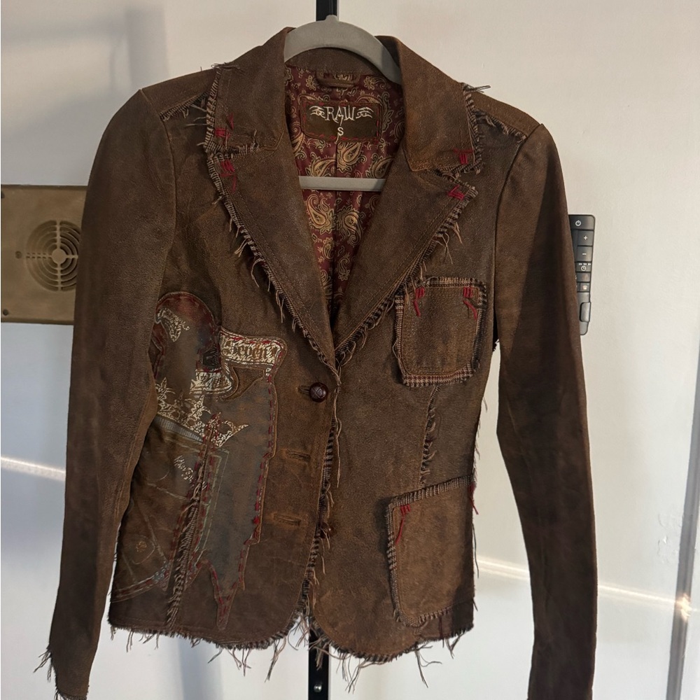 Raw Leather Brown Distressed Frayed Patched Appliqué Button Women's Jacket small